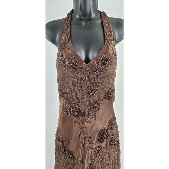 Cache Y2K 100% Silk Satin Lace Beaded Halter  Dress Asymmetrical Forrest Fairy - Picture 3 of 8